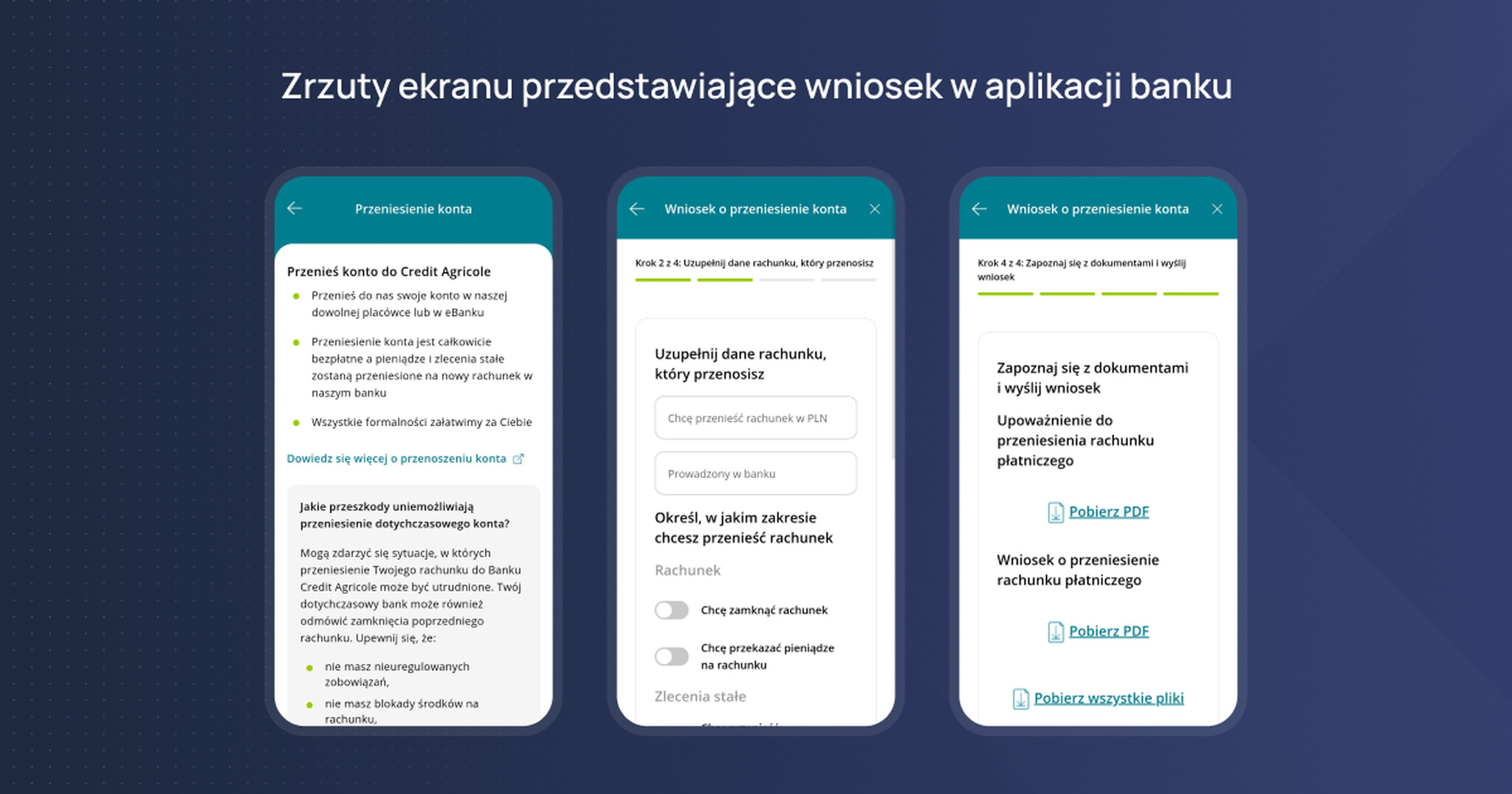 Zrzuty ekranu przedstawiające wniosek w aplikacji banku.